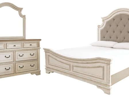 Realyn Queen Upholstered Panel Bed with Mirrored Dresser Hot on Sale