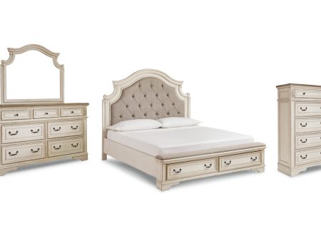 Realyn California King Upholstered Bed with Mirrored Dresser and Chest For Sale