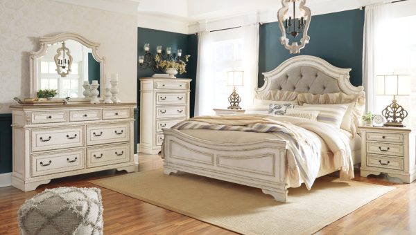 Realyn Queen Upholstered Panel Bed with Dresser For Sale